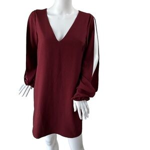 TOBI Open Sleeve Burgundy Chiffon V-Neck Dress, Medium